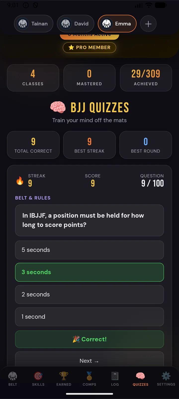 Quizzes screen